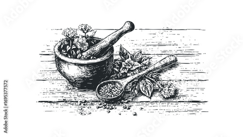 Wooden mortar and pestle with herbs and spices on surface. Vector hand drawn illustration
