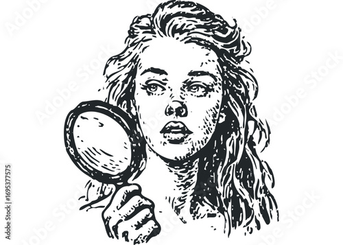 Woman holding magnifying glass examining her face. Vector hand drawn illustration