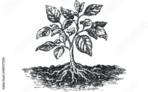Hand drawn seedling with visible roots in soil on transparent background. Vector hand drawn illustration