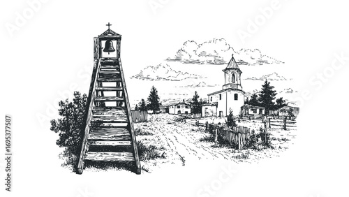 Pencil sketch of a village with a bell tower and church. Vector hand drawn illustration
