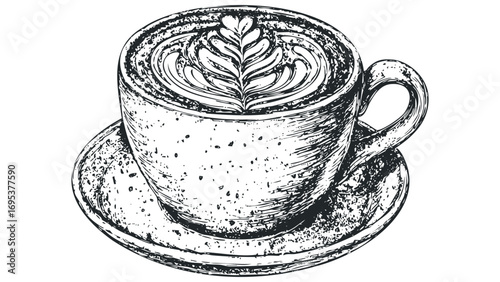 Latte art in a sketch style coffee cup on a saucer. Vector hand drawn illustration