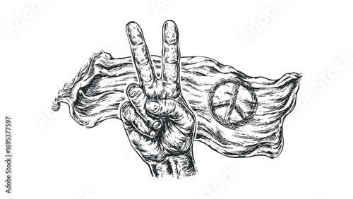 Hand making peace sign with peace flag drawing. Vector hand drawn illustration