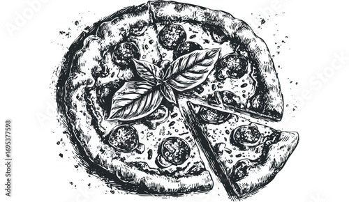 Hand drawn pepperoni pizza slice with basil on transparent background. Vector hand drawn illustration