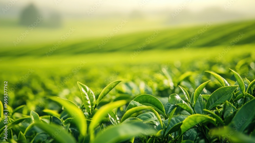 Fototapeta premium tea leaves being harvested, with a blurred backdrop of tea fields stretching into the distance