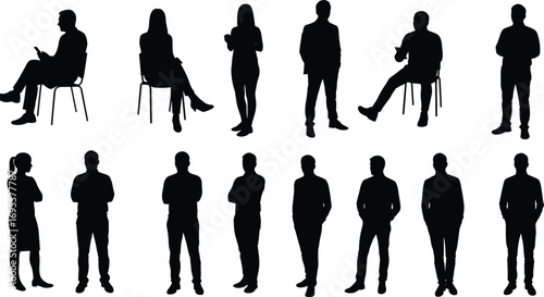 Silhouette of business people, office workers standing and sitting, corporate professionals in workplace poses, men and women team illustration