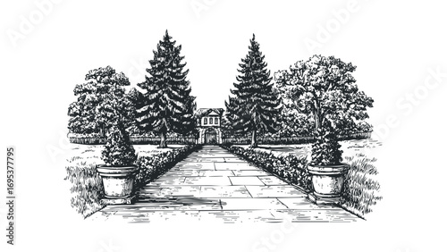 Pencil Sketch of a Stone Pathway Leading to a Historic Building Surrounded by Trees. Vector hand drawn illustration