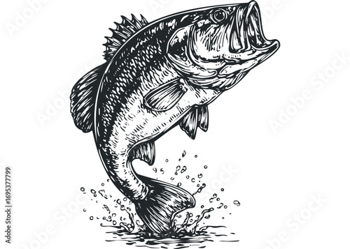 Jumping bass fish with water splash sketch. Vector hand drawn illustration