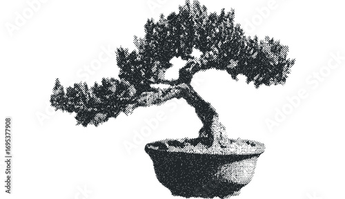 Halftone dot art bonsai tree in pot. Vector hand drawn illustration
