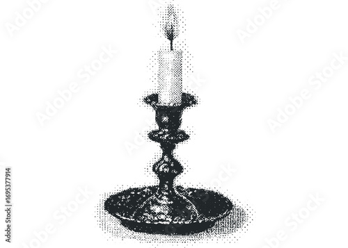 Vintage candlestick with lit candle image on transparent background. Vector hand drawn illustration