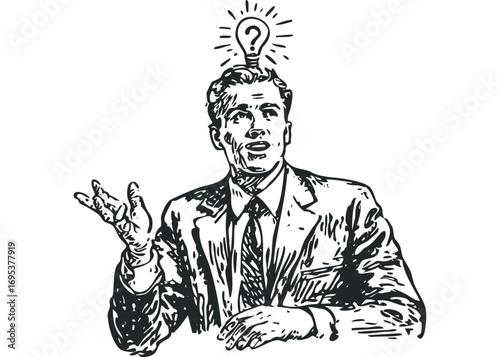 Man with a lightbulb question mark above head image. Vector hand drawn illustration