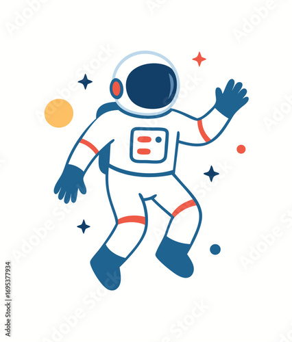 Charming astronaut illustration in a spacesuit, floating happily in the universe, an icon of science and cosmic exploration