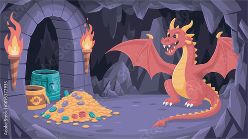 Dragon Guarding Treasure in a Cave with Torches Illustration
