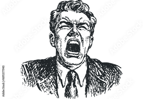 Man yelling in distress with mouth open and eyes shut, on transparent. Vector hand drawn illustration