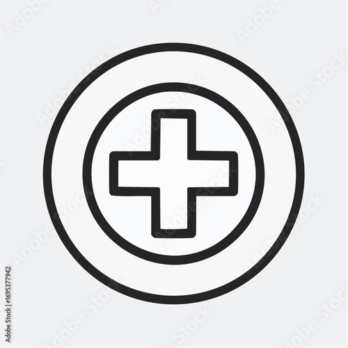 Medical plus symbol within a circle, a simple line icon for first aid and healthcare. Universal graphic representing health, emergency, and positive addition