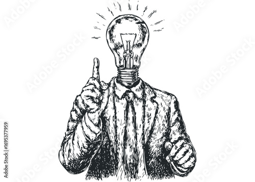 Person with Light Bulb for Head and Raised Finger. Vector hand drawn illustration