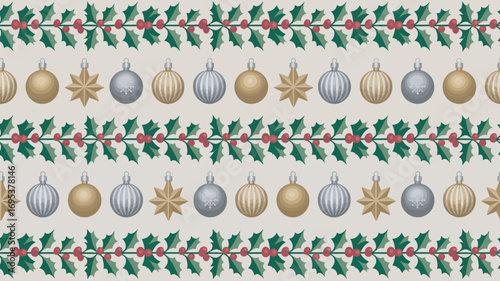 Elegant Holiday Ornament Border Pattern with Holly Berries and Decorations