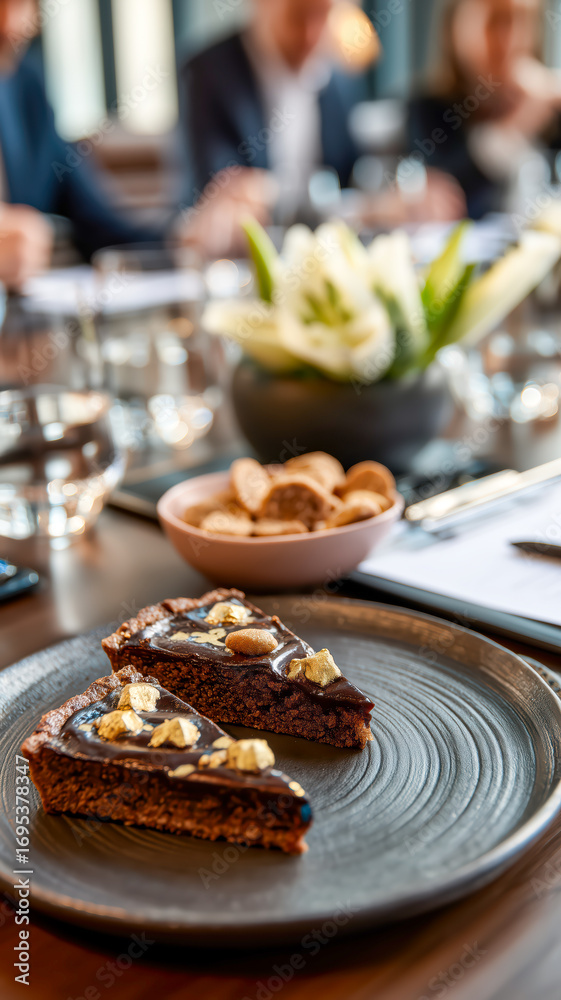 Naklejka premium Elegant dessert presentation with chocolate tart slices, cookies, and flower centerpiece on a meeting room table.