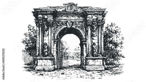 Ornate architectural archway with stone statues and foliage. Vector hand drawn illustration