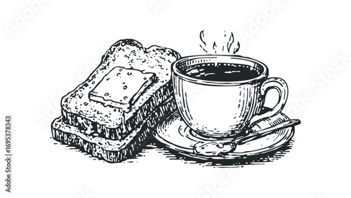 Cup of hot coffee with steam and buttered toast slices on a plate. Vector hand drawn illustration
