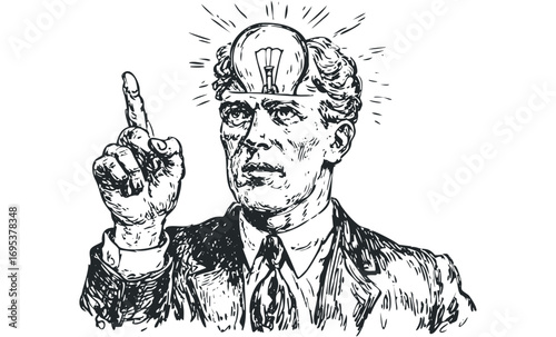 Man with glowing light bulb above head raising finger. Vector hand drawn illustration