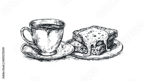 Sketch of a coffee cup and stack of toasted bread with melted cheese. Vector hand drawn illustration