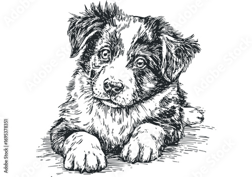 Sketch of a fluffy puppy lying down, isolated on a white background. Vector hand drawn illustration