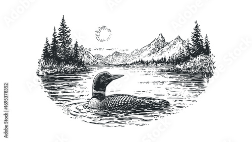Loon swimming in lake with pine trees and mountains. Vector hand drawn illustration