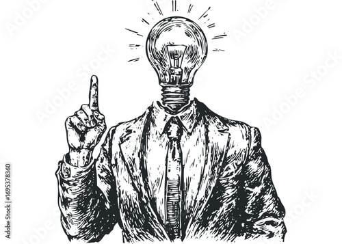 Man with lit lightbulb for head pointing finger up on transparent background. Vector hand drawn illustration