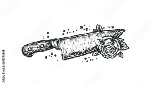 Wood handled cleaver knife with rose and scattered elements. Vector hand drawn illustration