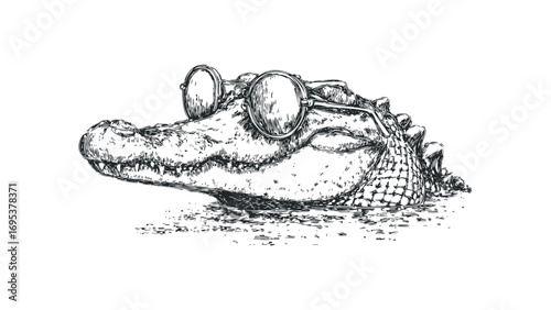Sketch drawing of a cool alligator wearing round glasses in water. Vector hand drawn illustration