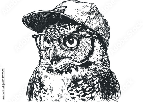 Wise owl wearing glasses and a baseball cap image. Vector hand drawn illustration