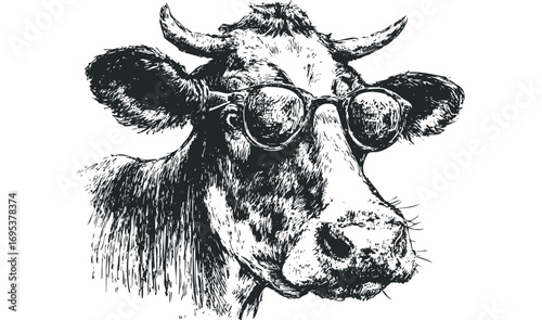 Whimsical cow wearing round glasses. Vector hand drawn illustration