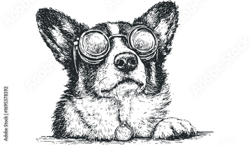 Pen and ink drawing of a corgi wearing vintage spectacles on a transparent background. Vector hand drawn illustration