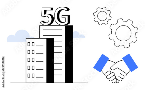 Urban tower with 5G network text, handshake symbolizing collaboration, and gear icons denoting technology. Ideal for connectivity, communication, partnership, innovation, progress, networking simple