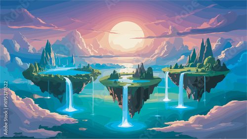Floating Islands Landscape with Waterfalls and a Bright Sun Illustration