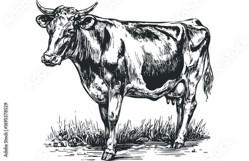 Black and white ink drawing of a dairy cow standing in grass on a transparent background. Vector hand drawn illustration