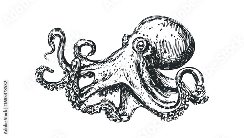 Detailed sketch of an octopus with flowing tentacles isolated on transparent background. Vector hand drawn illustration