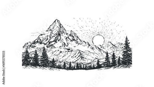 Hand drawn mountain range with sunburst and pine trees. Vector hand drawn illustration