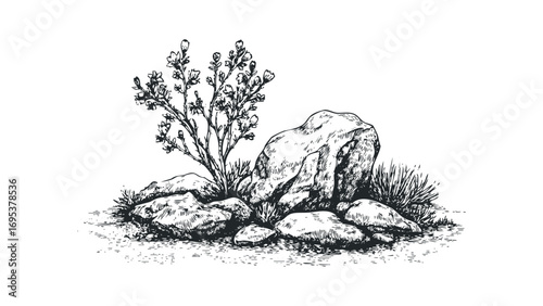 Pencil sketch of desert plant and rocks on a transparent background. Vector hand drawn illustration