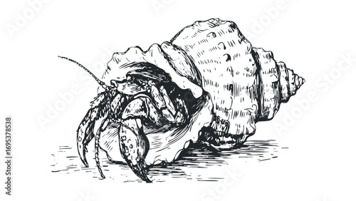 Line drawing of a hermit crab emerging from a large seashell. Vector hand drawn illustration