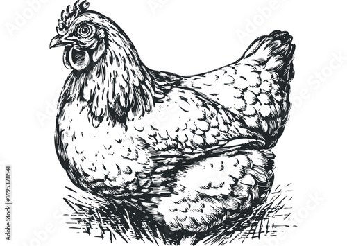 Detailed Vintage Scratchboard Chicken. Vector hand drawn illustration