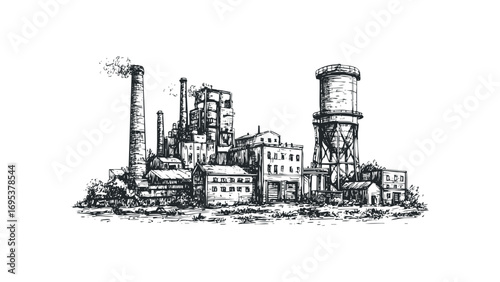 Industrial complex with smoke stacks and water tower sketch. Vector hand drawn illustration