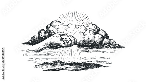 Hand reaching from sky with sun rays and storm cloud over mountainous terrain. Vector hand drawn illustration