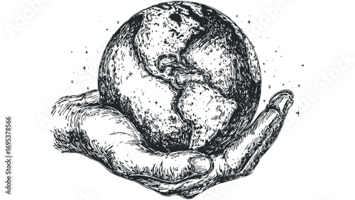 Hand holding a detailed sketch of planet Earth on transparent background. Vector hand drawn illustration