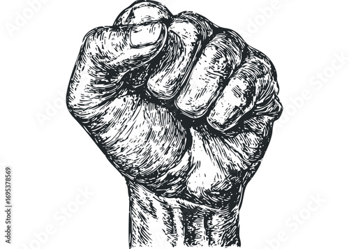 Fist raised in protest, black and white woodcut texture, symbol of power. Vector hand drawn illustration