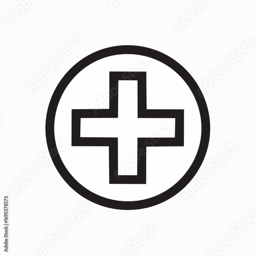 A universally recognized black cross symbol elegantly enclosed within a circular outline, representing essential health, medical care, first aid, and positive additions in various contexts