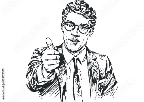 Man in suit and glasses giving thumbs up, graphic sketch. Vector hand drawn illustration