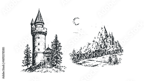 Vintage castle tower and mountain fortress with crescent moon. Vector hand drawn illustration