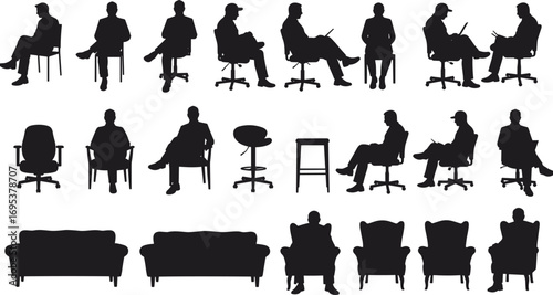 Silhouette of people sitting on office chairs and sofas, business staff working, corporate furniture collection, professional workplace illustration