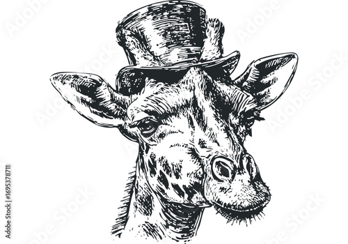 Pencil sketch portrait of a giraffe wearing a top hat. Vector hand drawn illustration